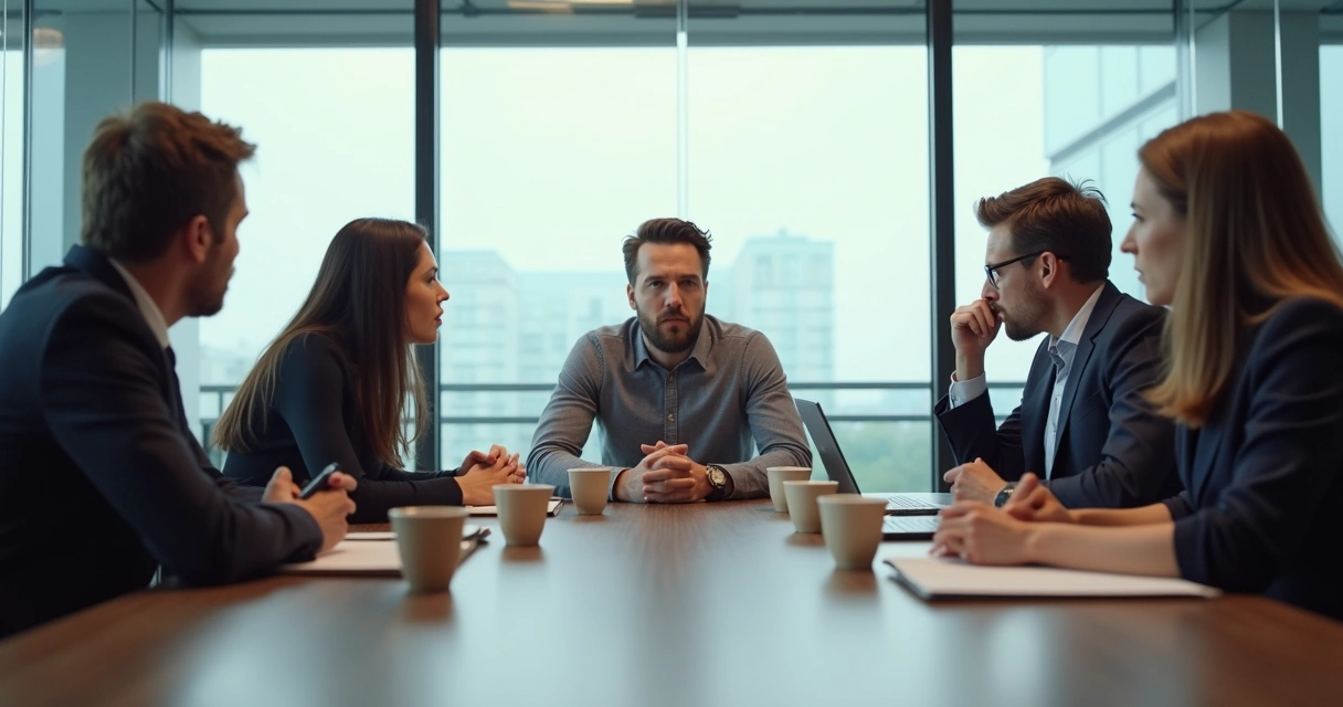 Group meeting with one person speaking while others react tensely