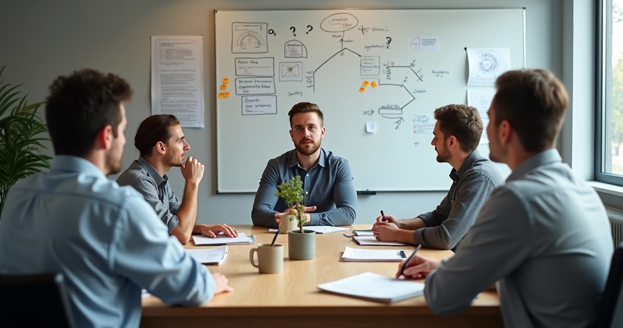 Group in a meeting facing complex charts and uncertain choices