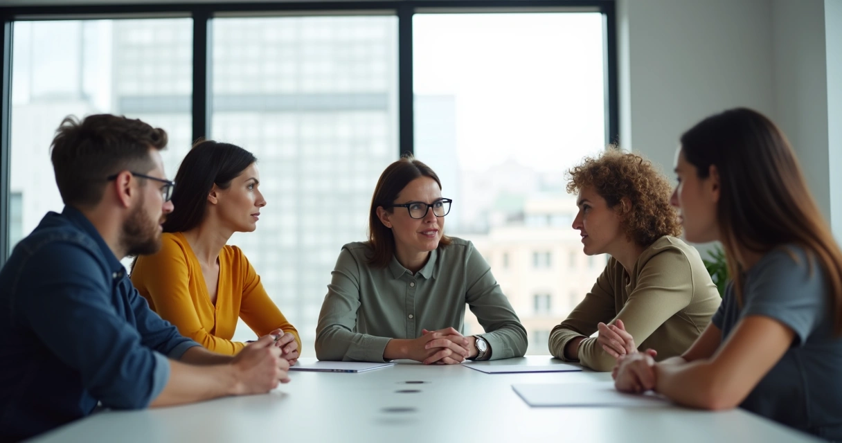 Office team at meeting table, some people engaged, others looking away with arms crossed