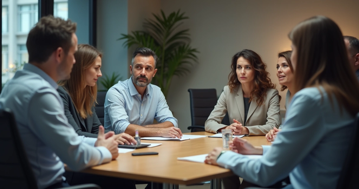 Bored team members looking disengaged around table 