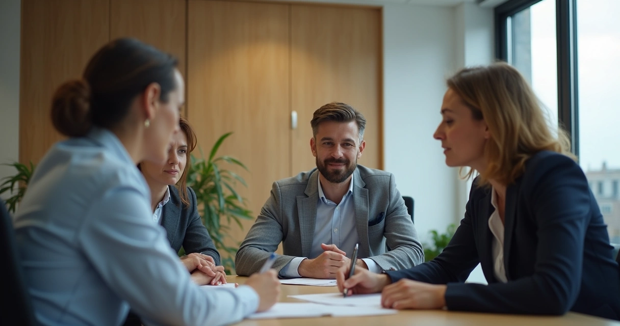 Colleagues in a meeting with subtle emotional expressions 