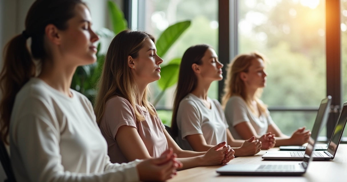 Small work team sitting quietly for mindful break