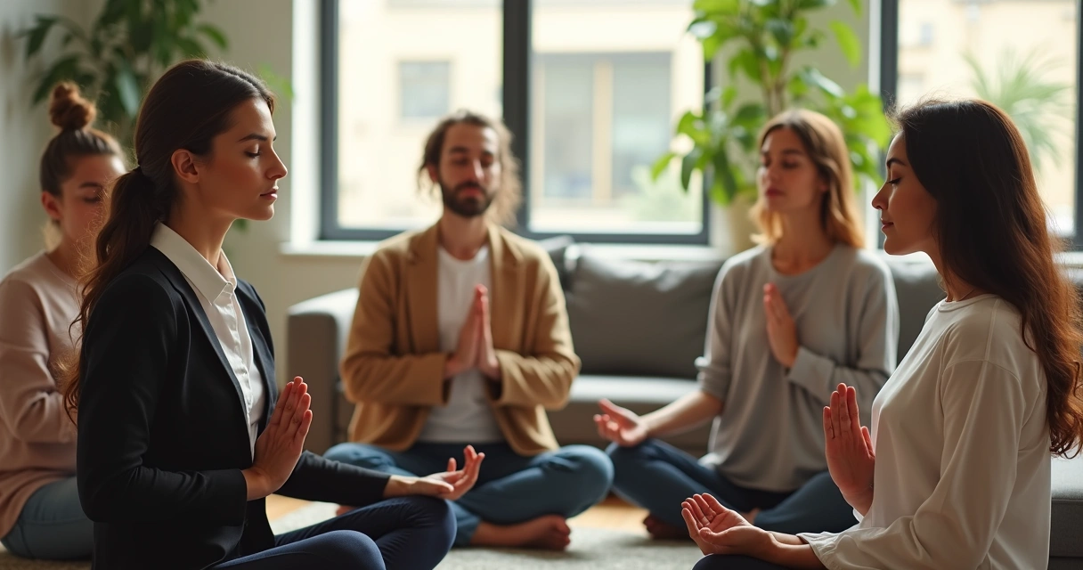 Small work team practicing breathing together in the break room 