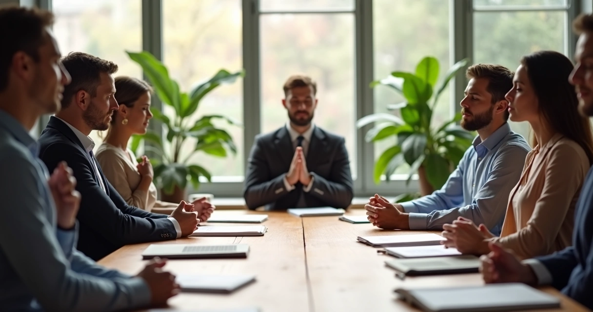 Group sitting around conference table practicing mindfulness with closed eyes 