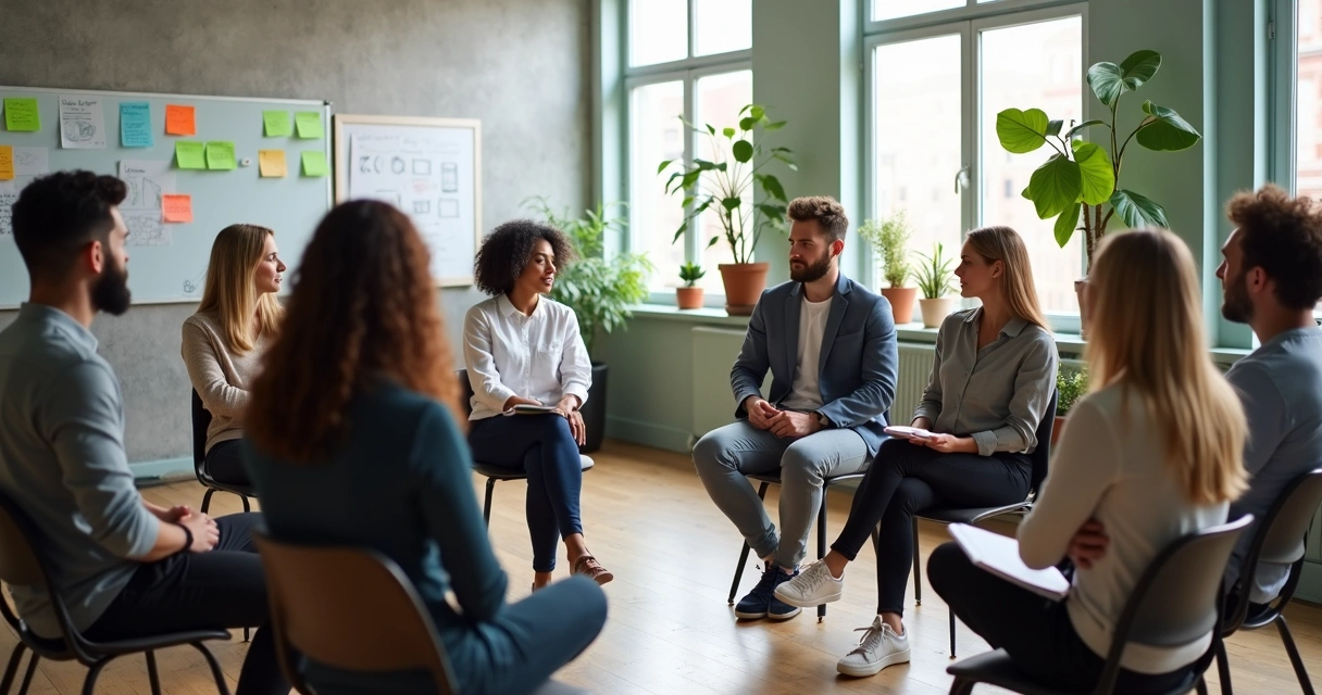 Team participating in a mindful leadership workshop in bright room 