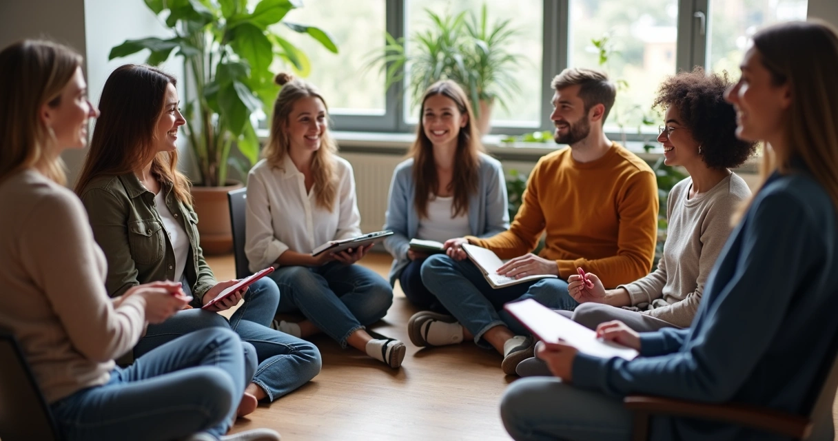 People sitting in a circle during a mindful team meeting, with relaxed body postures and attentive faces 