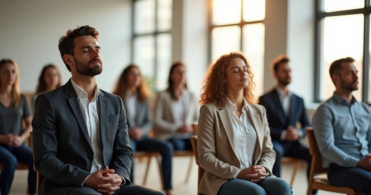 Group of business professionals sitting in a circle, eyes closed, taking a mindful pause together 