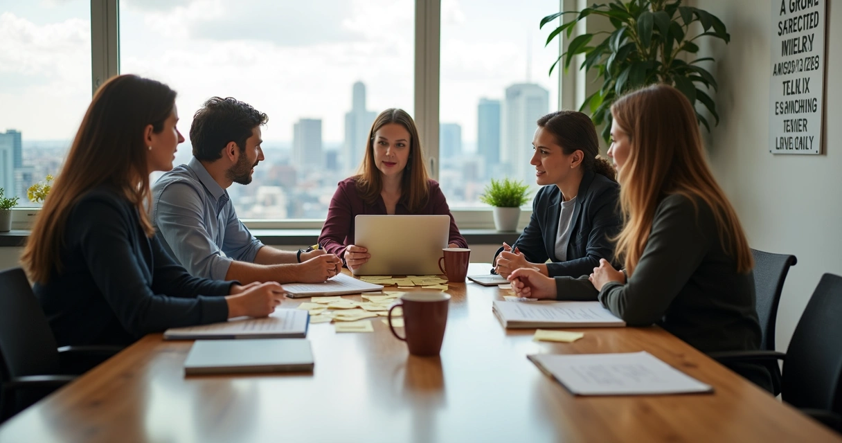 Coworkers discussing mindfully around a meeting table 