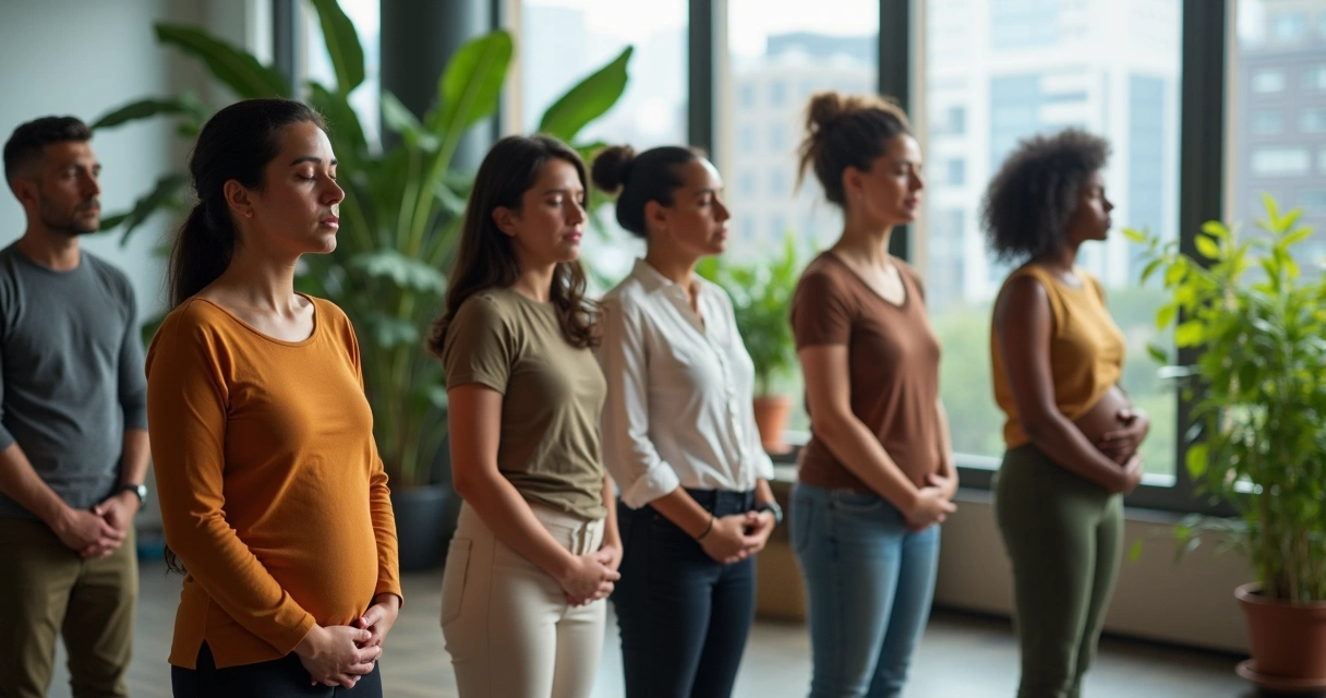 Colleagues doing a mindful breathing exercise together in an office 