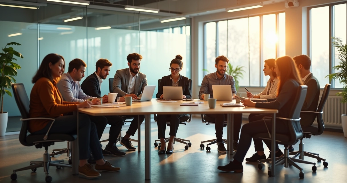 Office team mirroring one colleague’s posture like a ripple through the group 