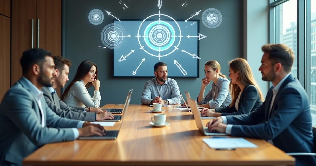 Business team around a table with overlapping but misaligned transparent targets above them 