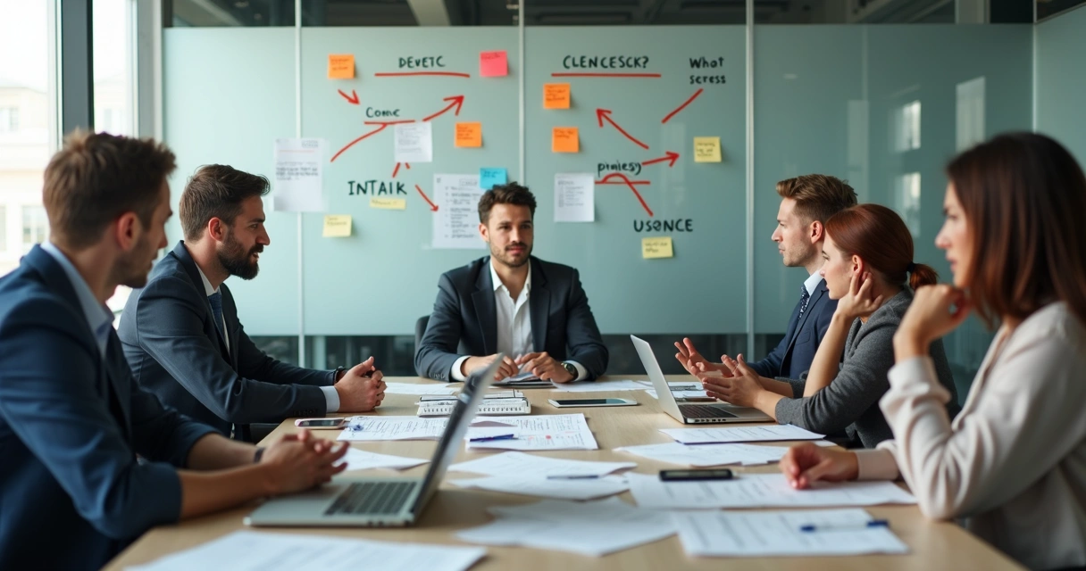 Team in a meeting with visible confusion over priorities