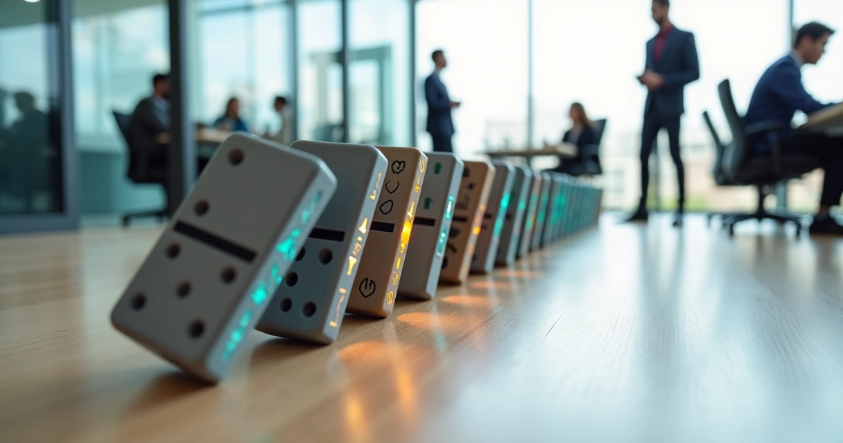 Domino effect of glowing tiles falling through an office team workspace 