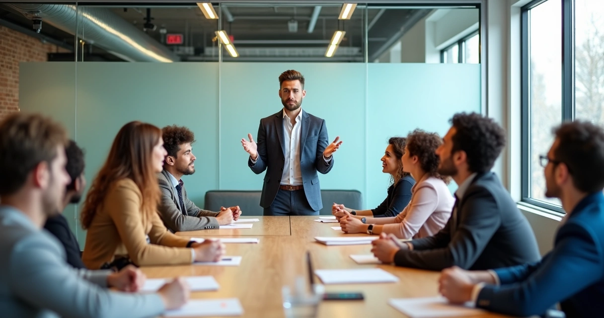 Team meeting with diverse group encouraging each other