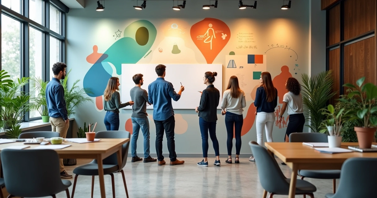 Team creating a mural in a bright office meeting space 