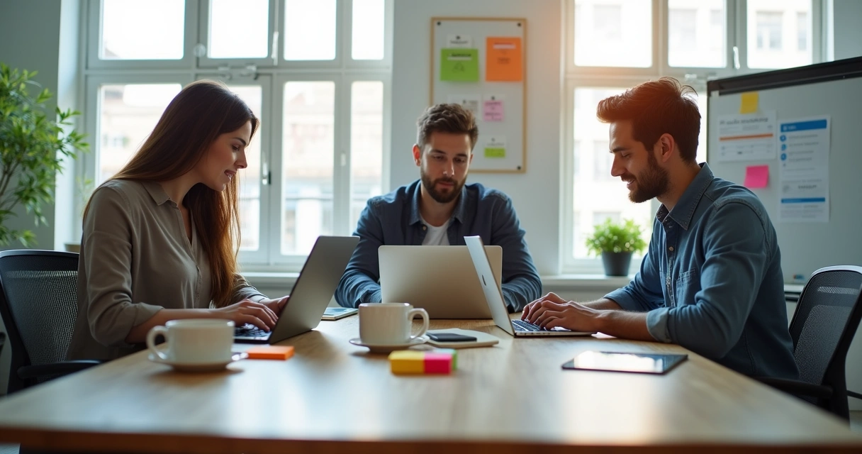 Three people sharing digital notes on laptops at a workspace table 