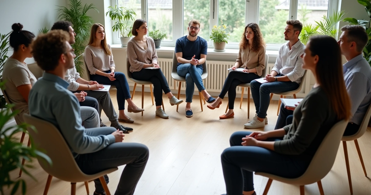 Office team sitting in circle quietly reflecting together 