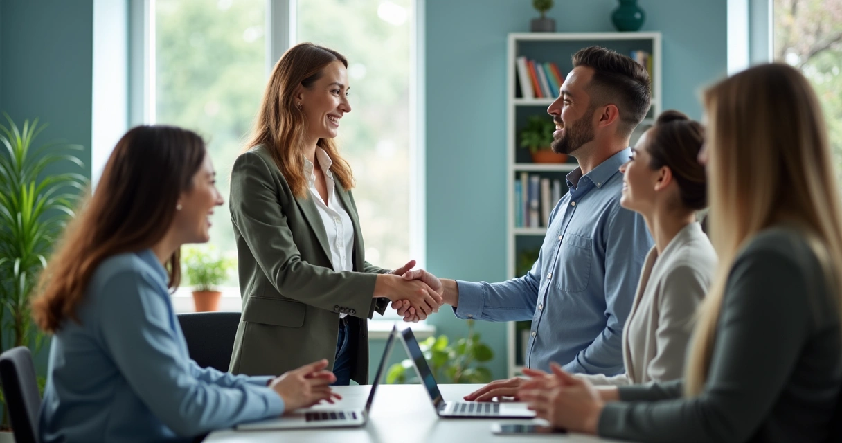 New team member shaking hands with colleague during onboarding meeting 