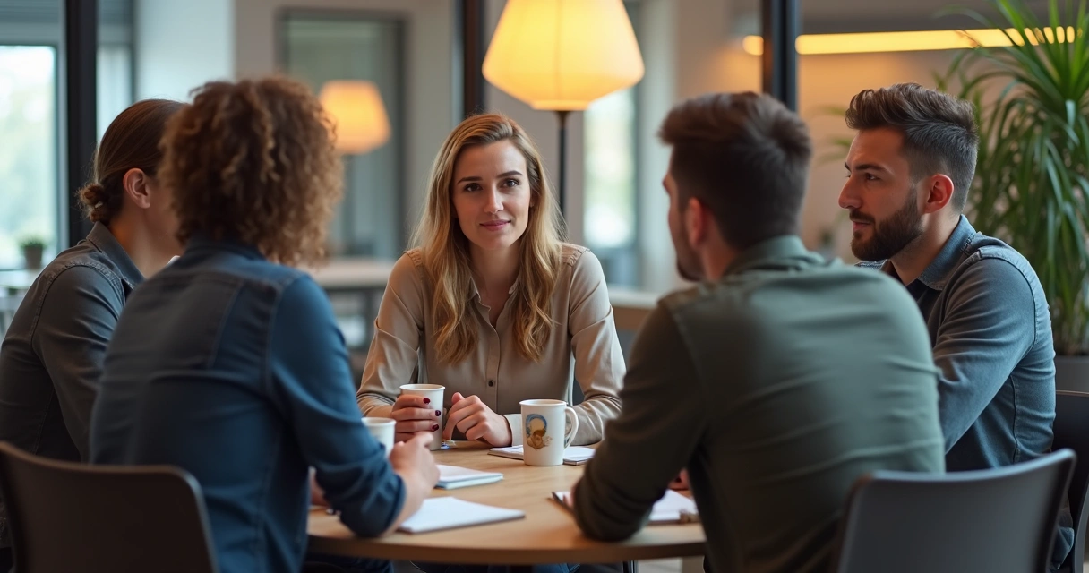 Team members sharing openly in a relaxed meeting room 
