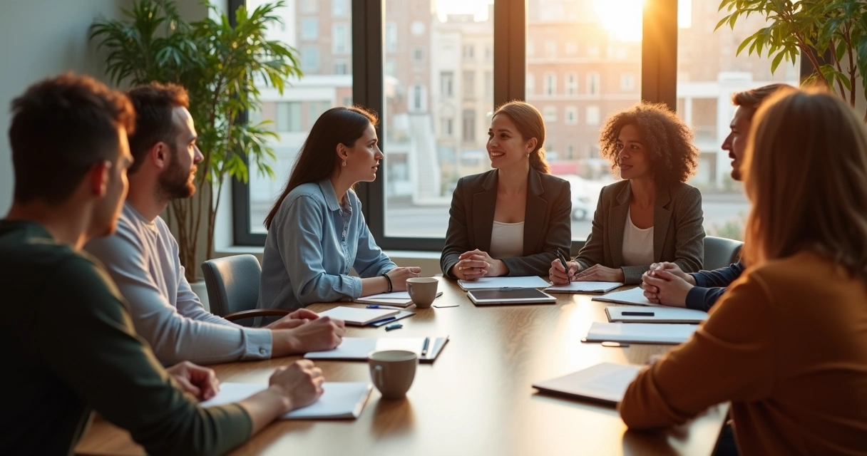 Team members sitting together engaged in an open discussion 
