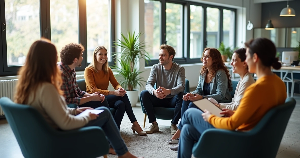 Diverse team sitting in a circle talking openly with relaxed postures 