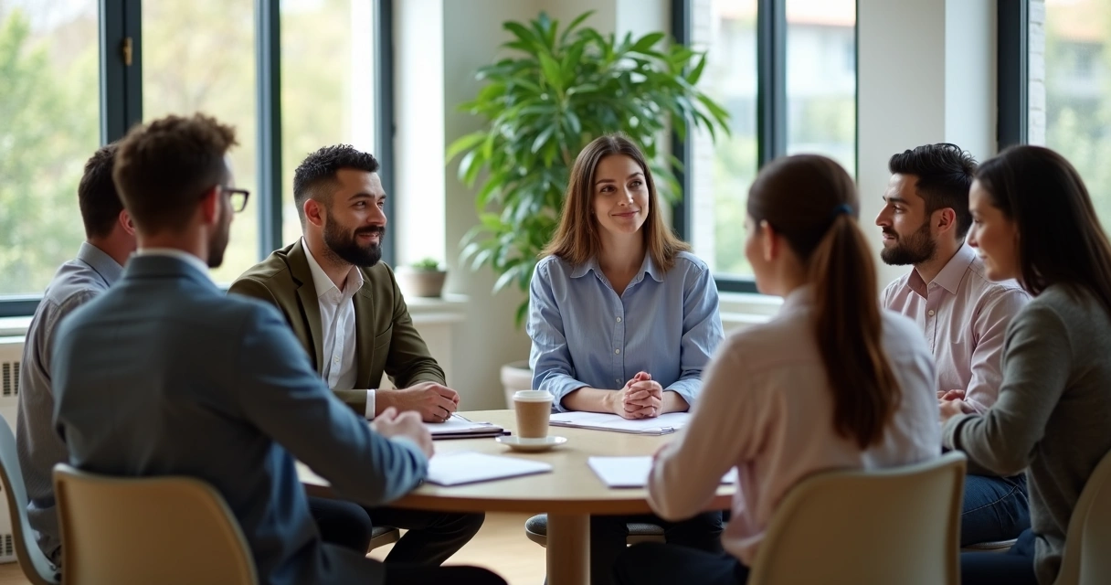 A diverse group of coworkers in a feedback session, one person sharing, others listening with empathy 