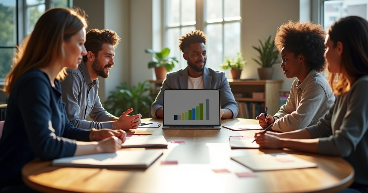 Mixed team in open-plan office showing differing levels of participation around table 