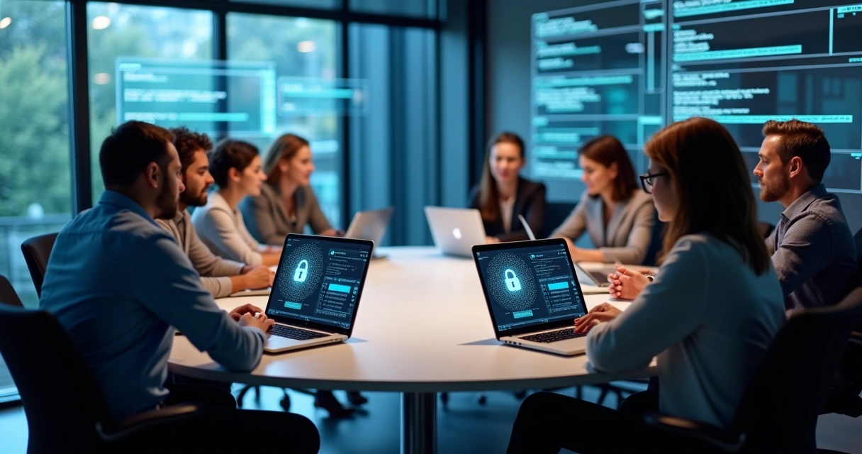 Equipe de TI em reunião gerenciando senhas corporativas em plataforma digital 