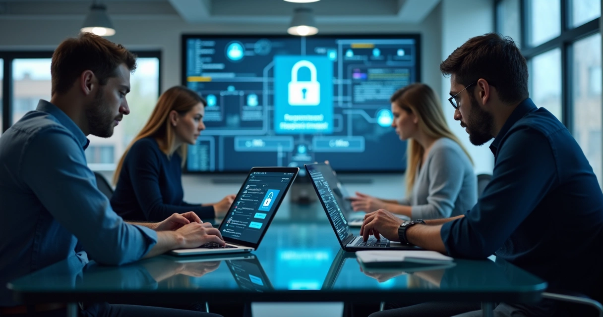 Equipe de tecnologia colaborando e compartilhando acessos digitais