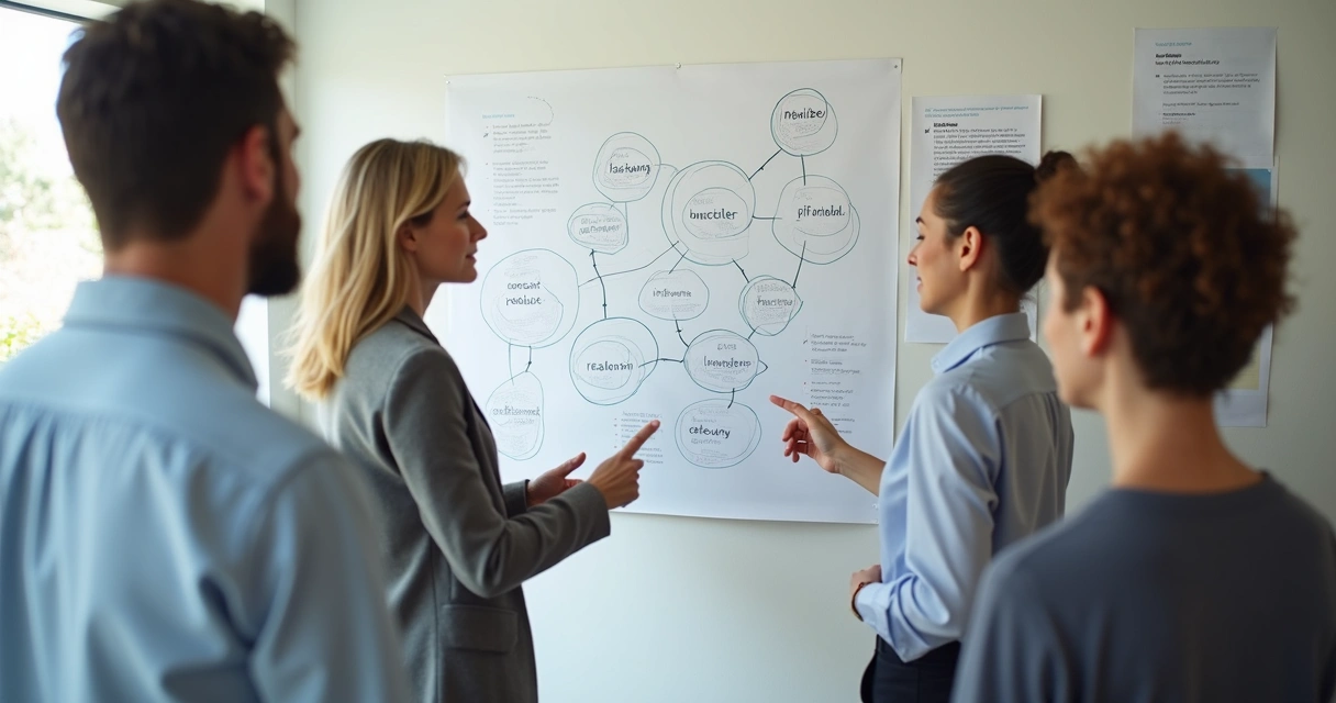 Small group discussing patterns on a wall of connected notes