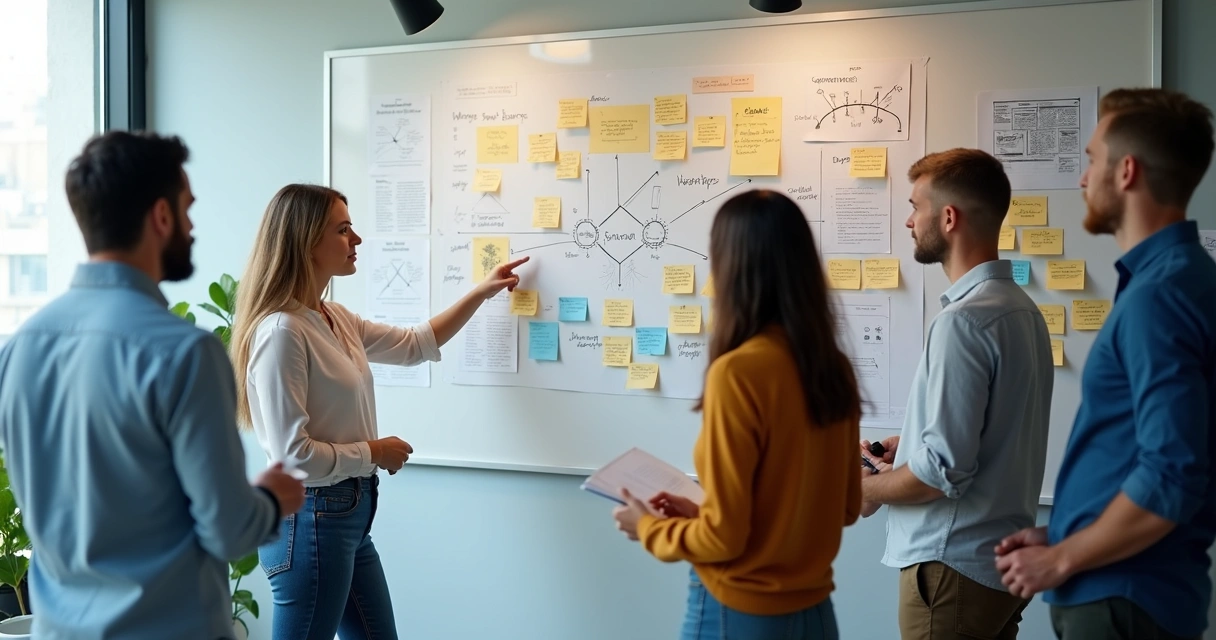 Team reviewing notes and connection lines on a wall