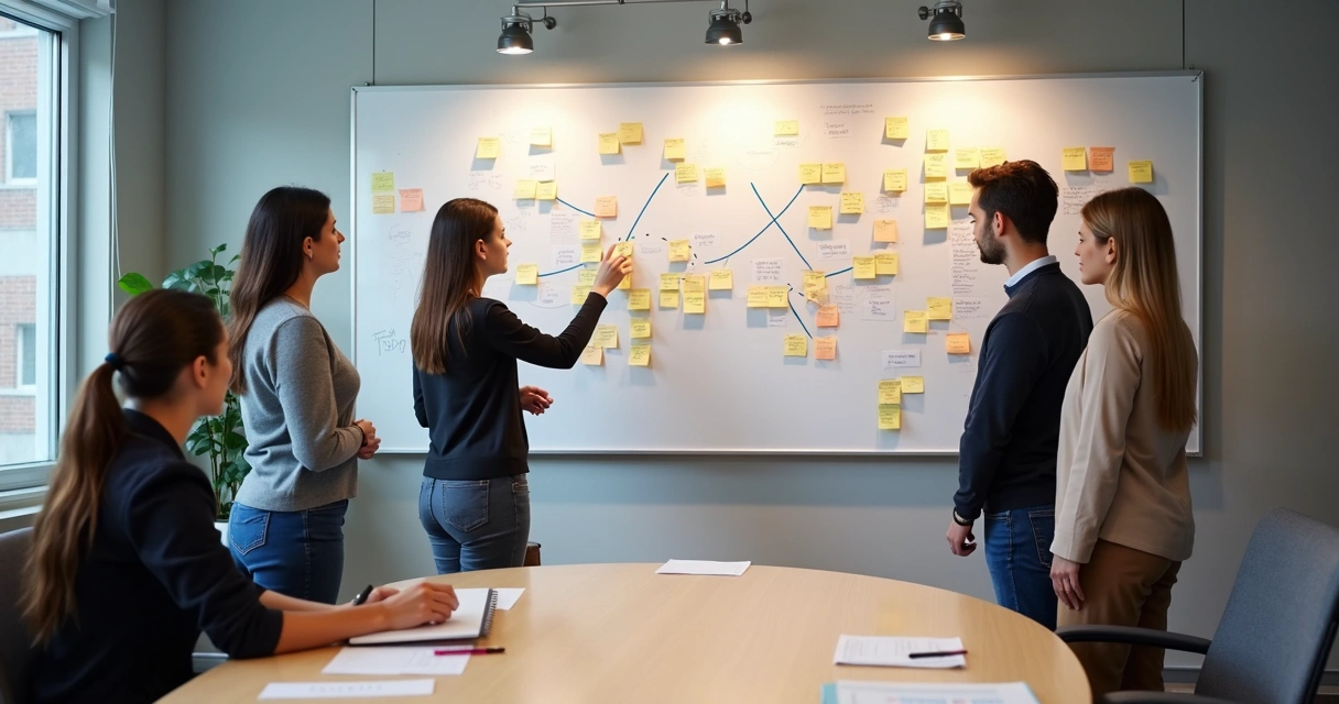 Team gathered around a wall of notes mapping roles and relationship patterns