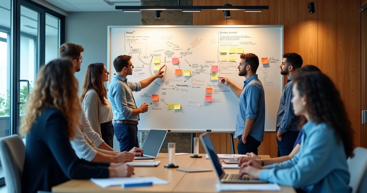 Work team reviewing patterns on a strategy board 