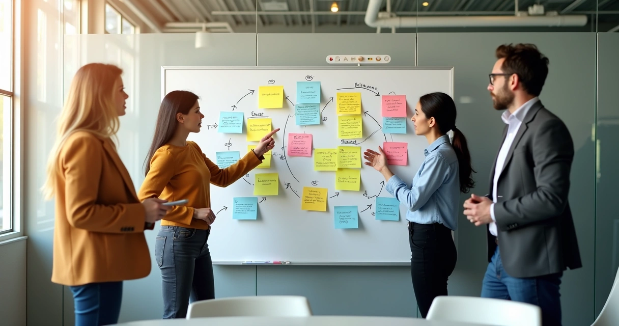 Whiteboard showing team roles and recurring work patterns