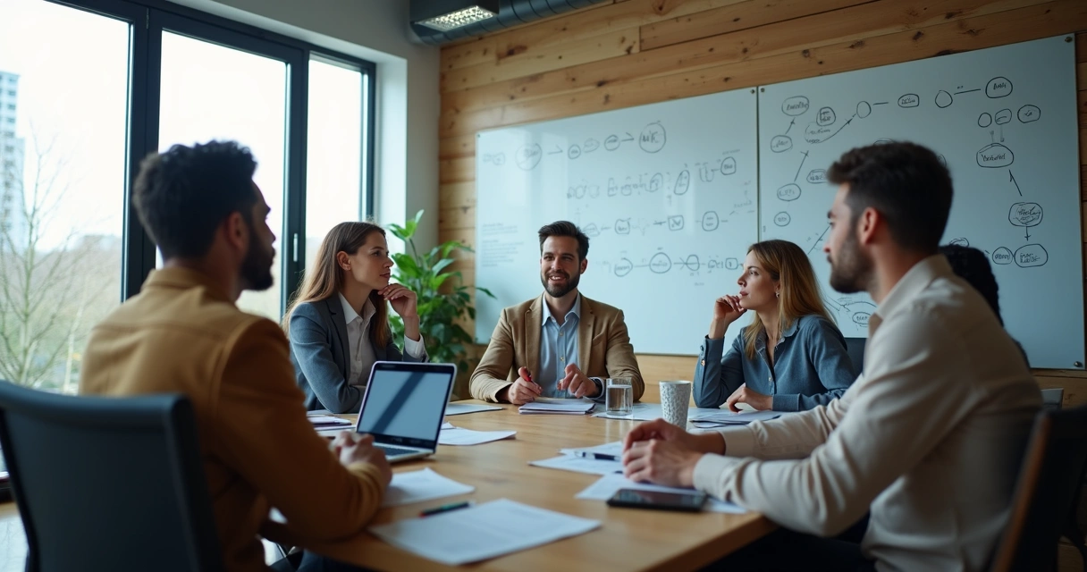 Team members in an office, with repeating patterns illustrated 