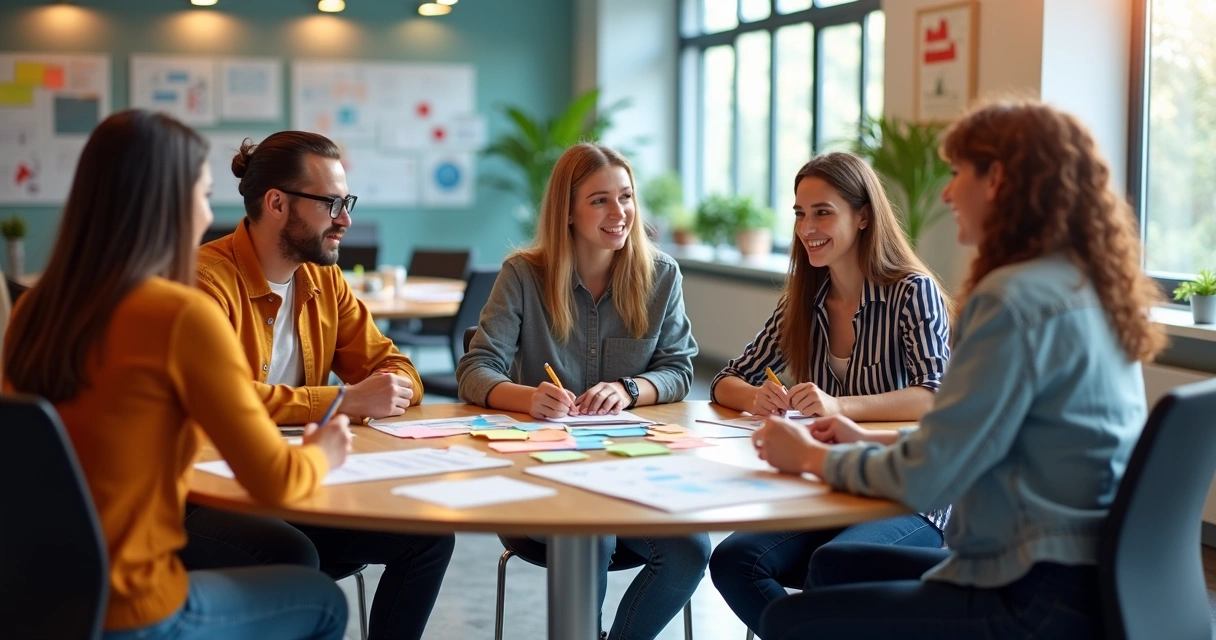Diverse team members in a meeting, discussing around a table with visible post-it notes and charts 