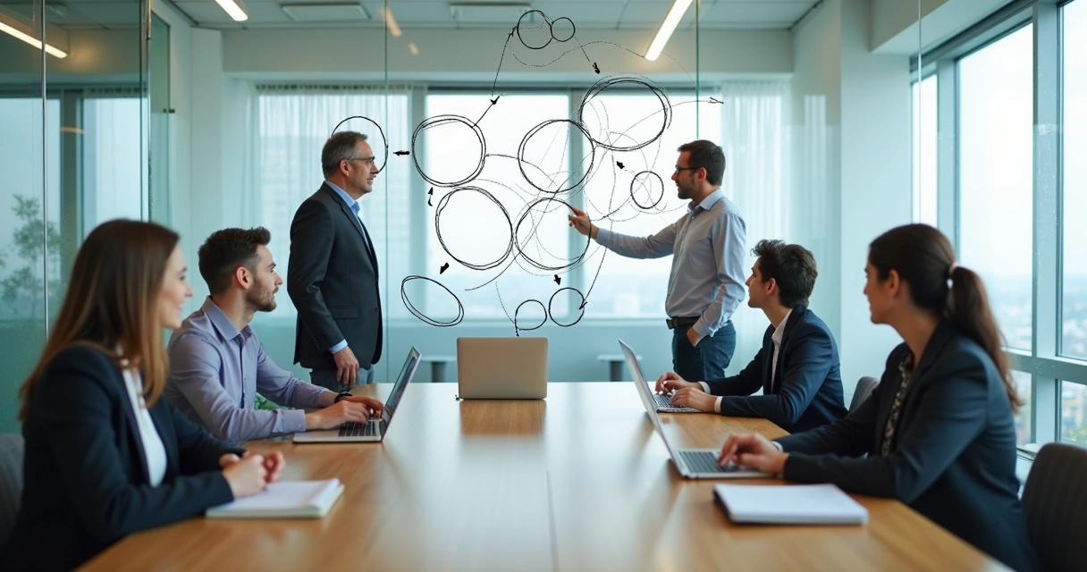 Leadership team in a meeting with relationship patterns mapped on a glass wall 