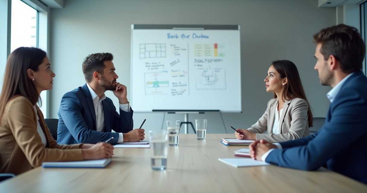 Small team pausing during a meeting to reflect 