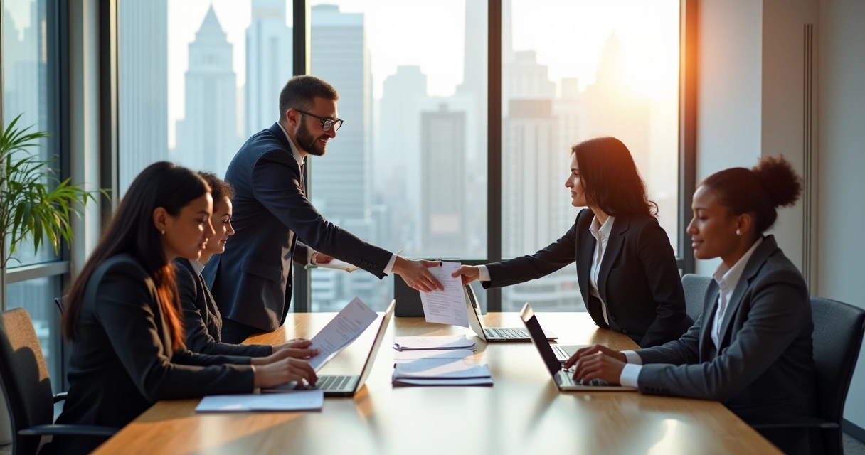 Manager handing paperwork across desk for payroll signing 