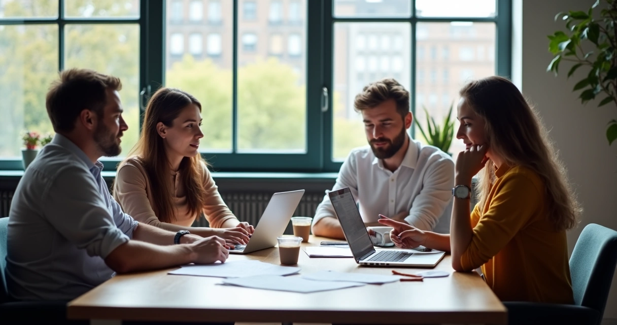 Coworkers sitting together, sharing feedback in a meeting room