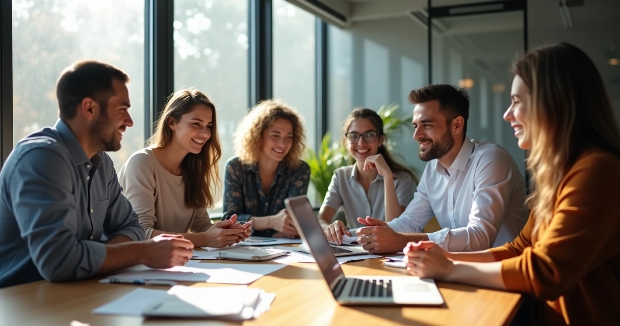 Group of coworkers in discussion around a table 