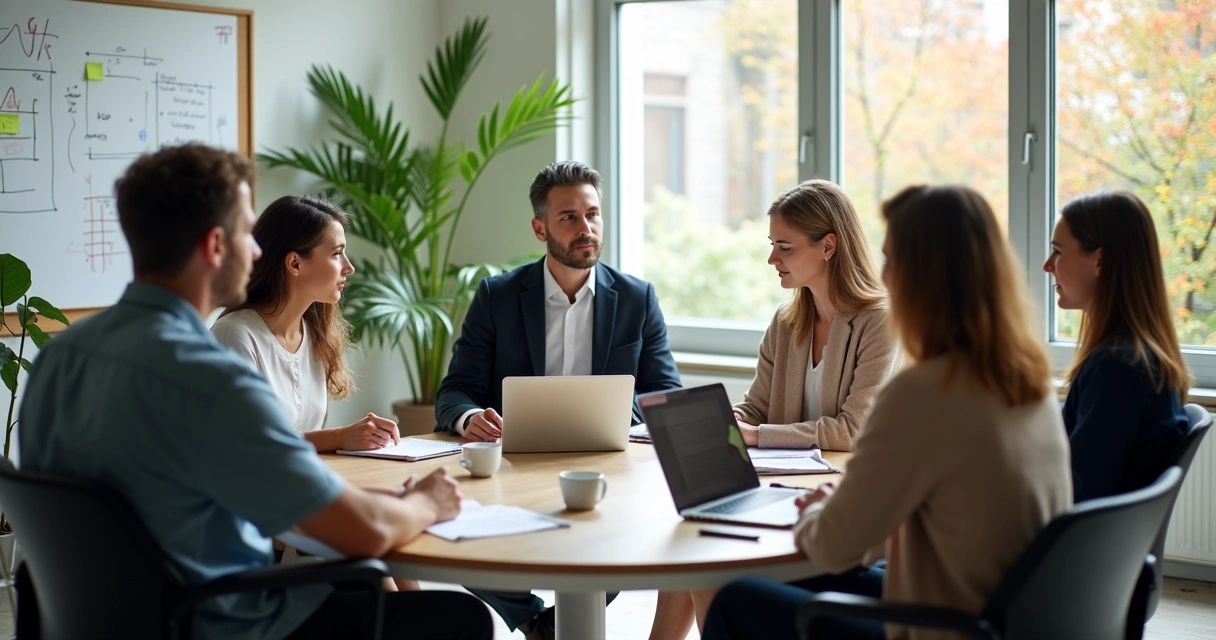Coworkers in a workplace discussion circle sharing ideas 