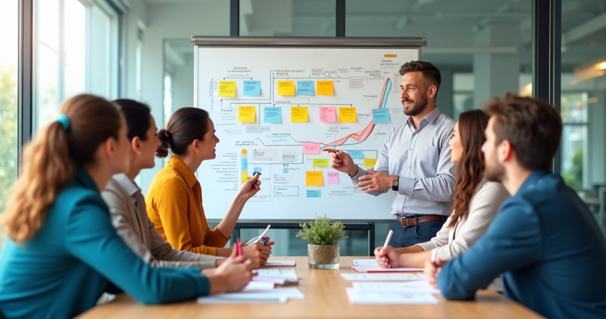 Equipe reunida planejando o funil de vendas com quadros e post-its 