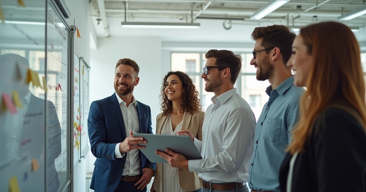 Diverse team planning together in front of whiteboard 