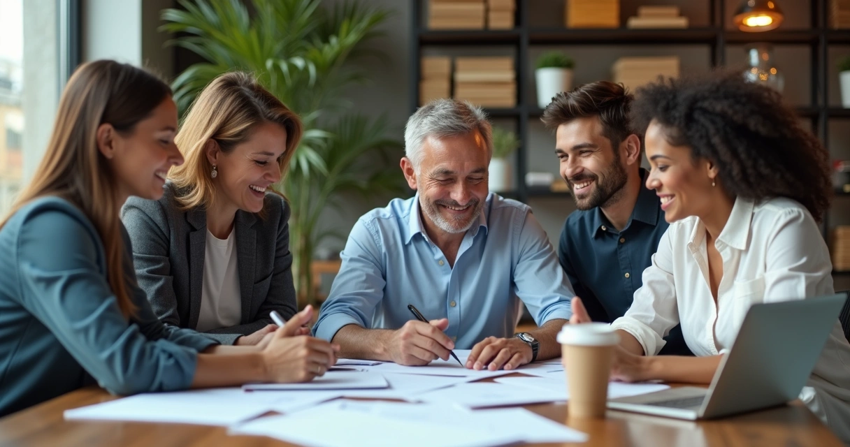 Team gathered around table, positive energy and engagement 
