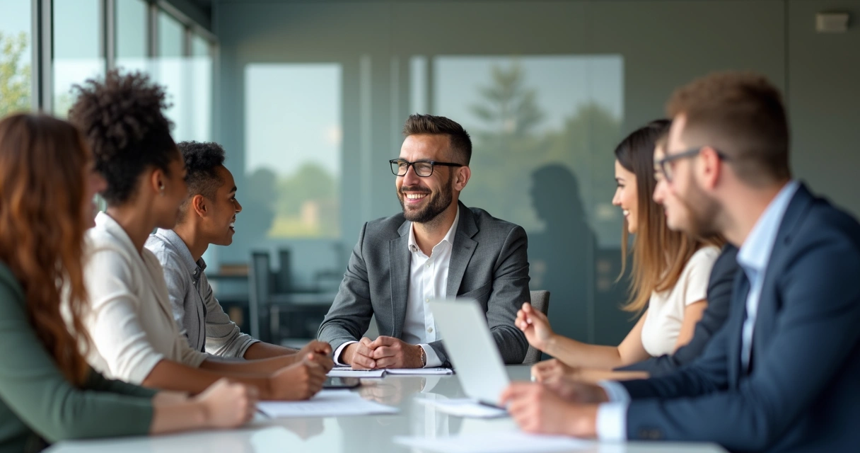 Team meeting with confident leader and engaged members