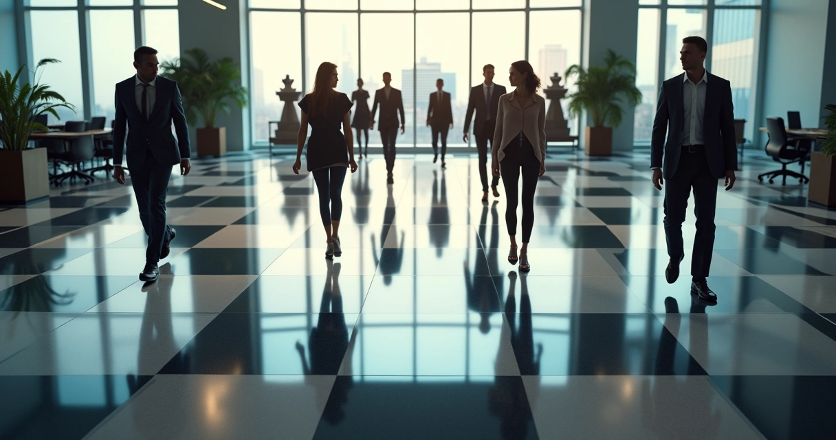Office team walking across giant chessboard casting conflicting shadows 