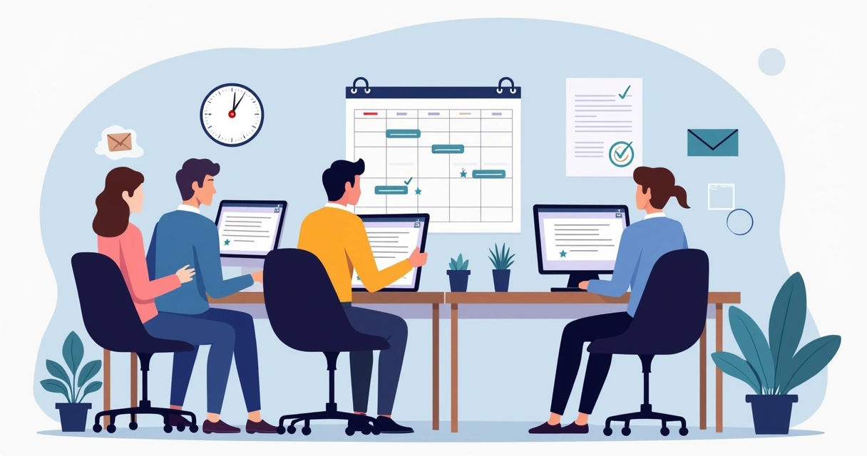 Team at desks reviewing contract workflows before scheduled system maintenance.