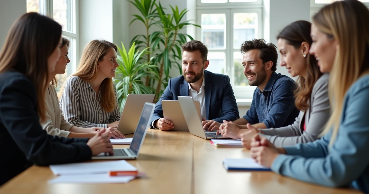 Team gathered around a table in attentive, present discussion 