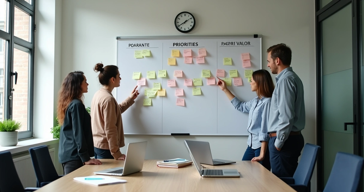 Team reviewing a priority board in a calm office